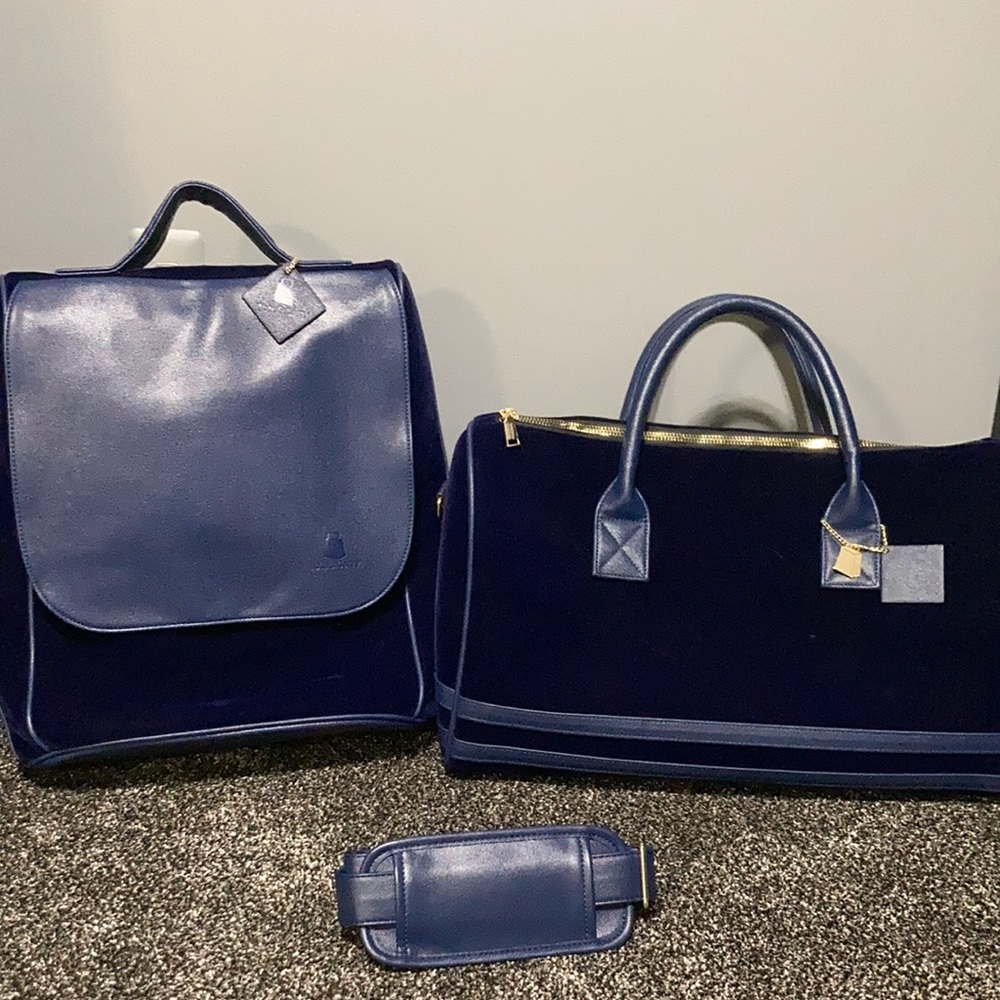 Tote and carry Royal Blue Velour travel set suede faux leather bags.